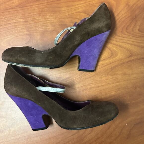 Marc Jacobs Brown Purple Mary Jane Heels Color Block Metallic Accents Size 37 - Picture 11 of 16
